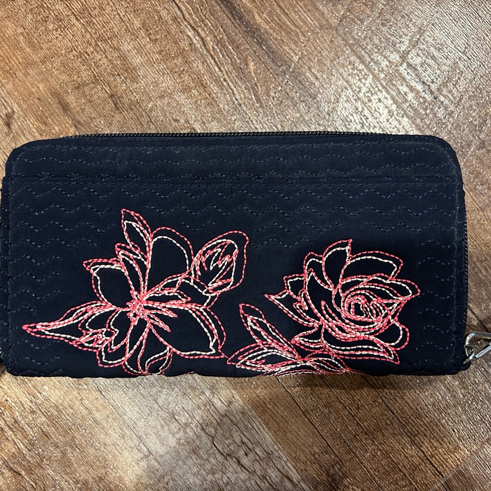 Vera Bradley Black Wallet with Pink Floral Embroidery NWOT
